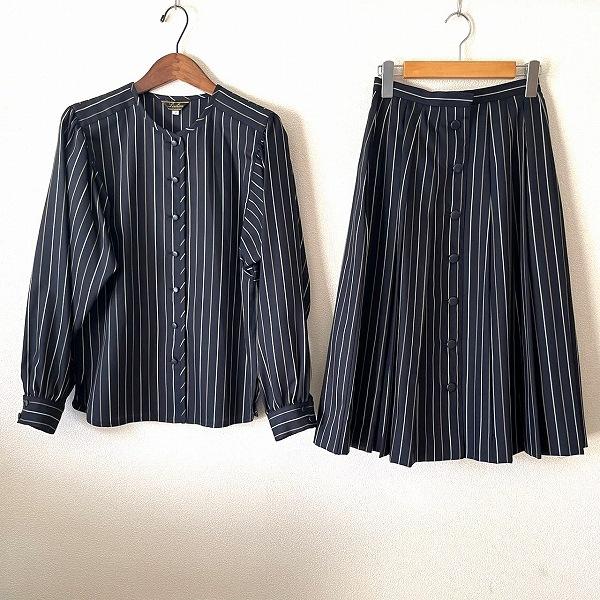 #anc レリアン Leilian スカートスーツ セットアップ 7 紺系 ストライプ ドイツ製生地...