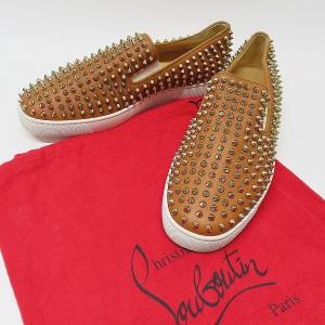 #ans クリスチャンルブタン ChristianLouboutin スニーカー スリッポン 43 1/2 茶 ゴールド スタッズ 保存袋付き メンズ [918527]