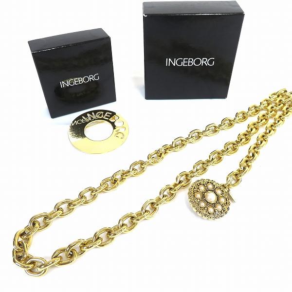 #ae インゲボルグ INGEBORG ブローチ チェーンベルト セット 金 ゴールド パール まと...