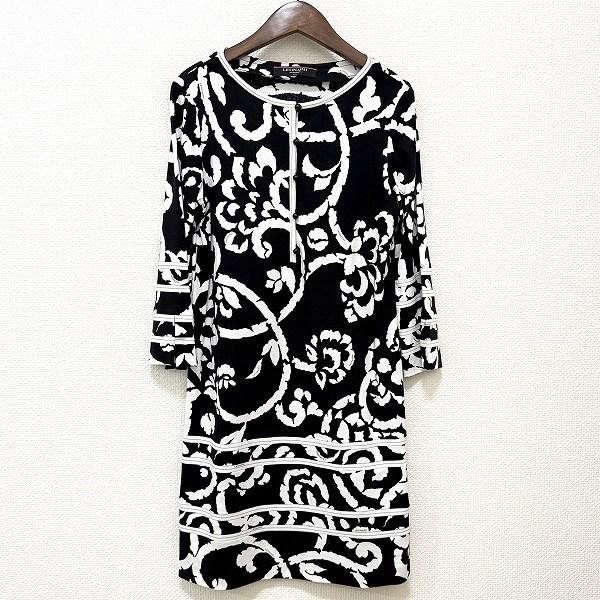 #anc レオナール LEONARD ワンピース M 黒 白 総柄 七分袖 レディース [94578...