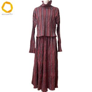 #apc イッセイミヤケ エイポック A-POC ISSEYMIYAKE セットアップ ツーピース 2 赤系 シワ加工 ストライプ ハイネック レディース [961284]