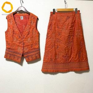 #apc イッセイミヤケハート ISSEIMIYAKE Haat セットアップ 2 オレンジ 青 ベージュ ベスト スカート 花 刺繍 美品 レディース [962037]