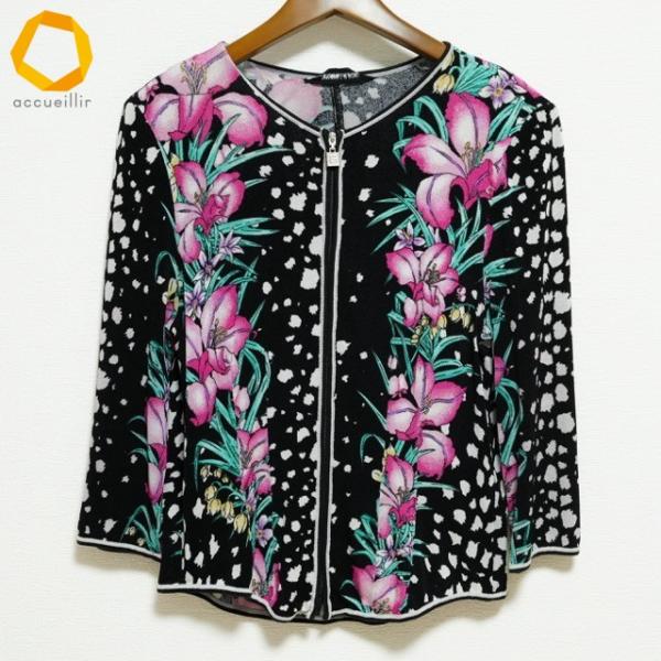 #anc GKITALIYA 伊太利屋 カーディガン 11 黒 ピンク 緑 ジップアップ 花柄 レデ...