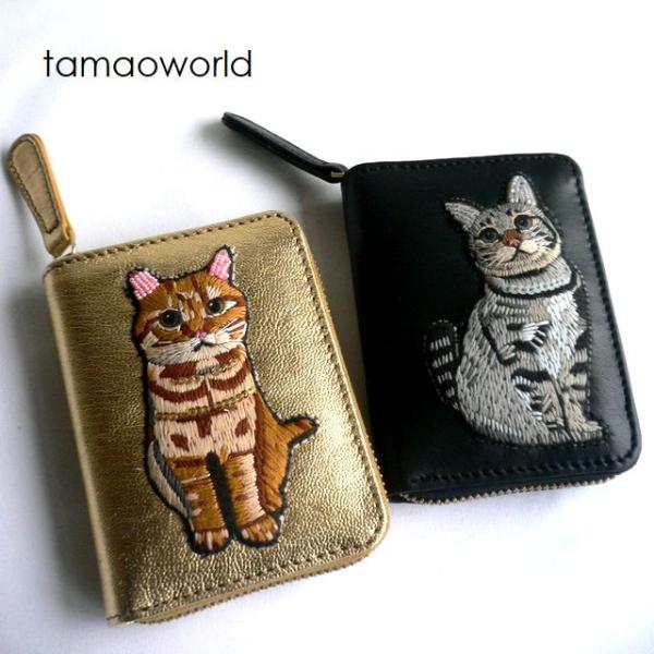 tamao world タマオワールド 刺繍 ビーズ アコーディオンミニ財布 折り財布 Meow W...