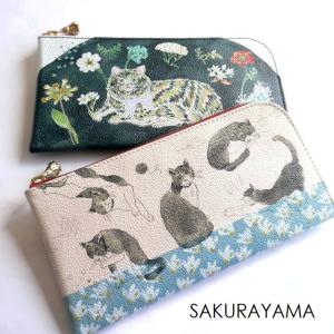 サクラヤマ財布 SAKURAYAMA サクラヤマ 折り財布 ミドル 牛革 レザー がま口 W186 猫と