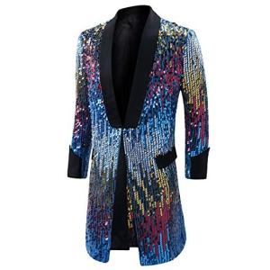 当季大流行メンズ派手なロングジャケットきらきらブルー目立つスパンコール結婚式ステージマジシャン手品衣装 最高の品質の