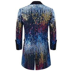 当季大流行メンズ派手なロングジャケットきらきらブルー目立つスパンコール結婚式ステージマジシャン手品衣装 最高の品質の