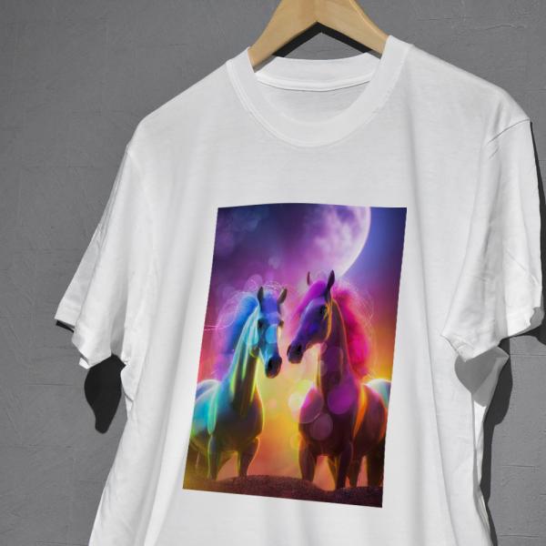 迫力のある馬デザインのカラフルプリントTシャツ　キッズ服　子供服　メンズ服　レディース服　送料無料　