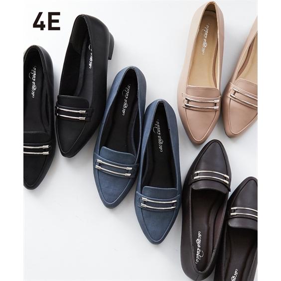 パンプス 靴 4E 幅広 ゆったり ワイド 大きいサイズ 甲高 ビット ポインテッドトゥ チャンキー...