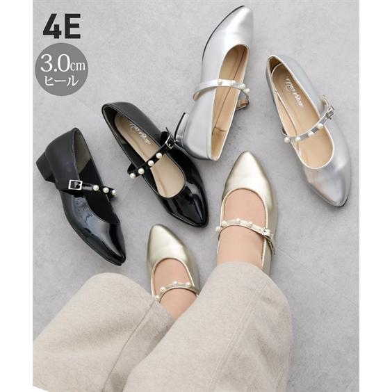 パンプス 靴 4E 幅広 ゆったり ワイド 大きいサイズ パール調ベルトストラップ ポインテッドトゥ...