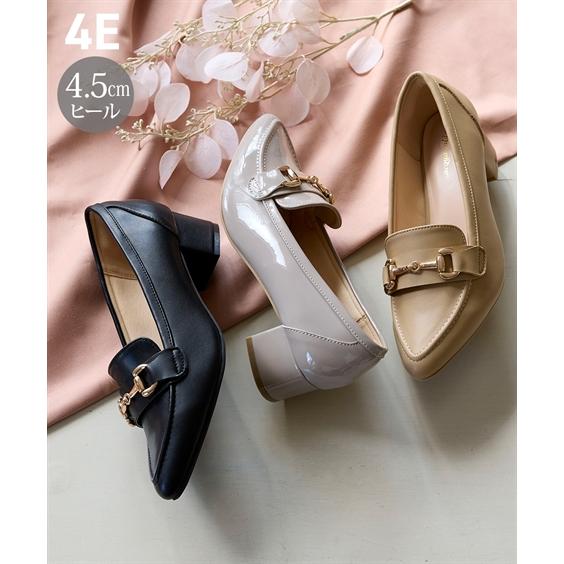 パンプス 靴 4E 幅広 ゆったり ワイド 大きいサイズ ビット付 ポインテッドトゥ ローファーパン...