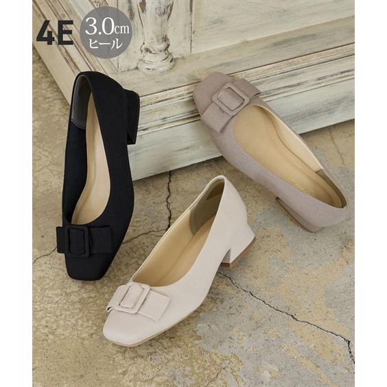 パンプス 靴 4E 幅広 ゆったり ワイド 大きいサイズ リボンパーツデザイン スクエアトゥ ローヒ...