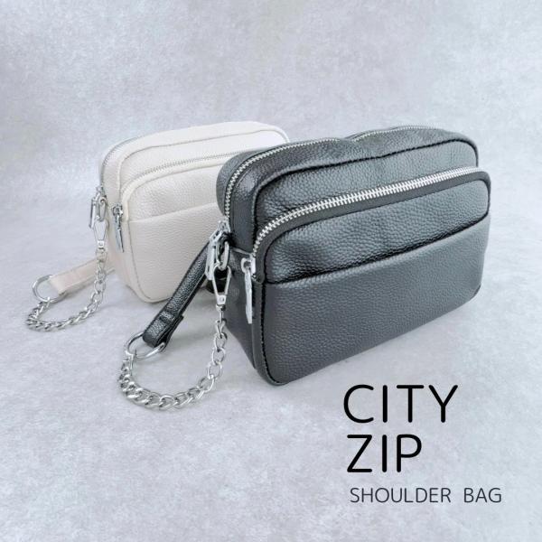 シティジップショルダーバッグ チェーン 本革 レザー ブラック ホワイト