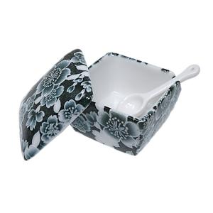 日本製 陶器 薬味入れ スプーン付き 黒マット 四角蓋物 一味 塩 山椒