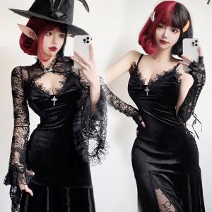 ハロウィン コスプレ レディース ウィッチ 仮装 衣装 大人 ハロウィン 衣装 巫女 魔女 コスチューム ハロウィンコスプレ ブラック 黒 ベロア レース ワンピース