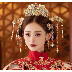 華やか中華髪飾り8点セット 中国古代結婚式 花嫁用 ヘッドアクセサリー 漢唐古典 髪飾り 豪華 冠 王冠 鳳冠 かんざし イヤリングセット 中華時代劇 皇后 貴妃 変｜ACTESストア