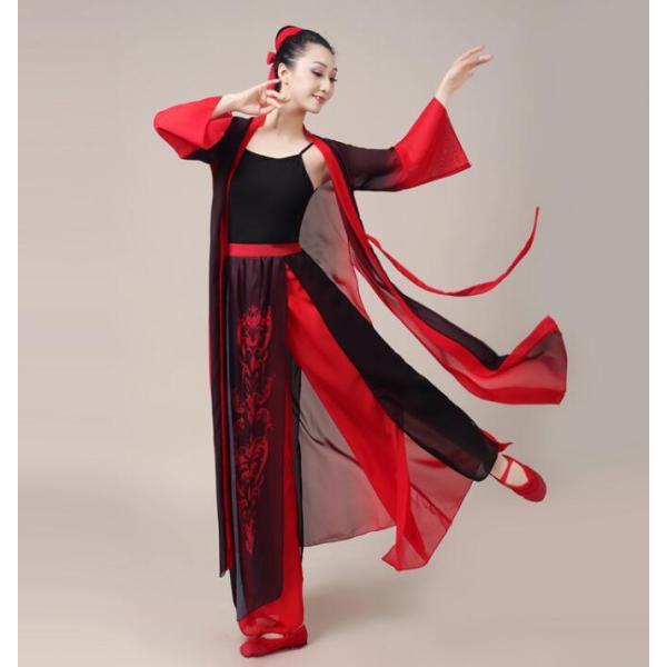 グラデーション 古典ダンス衣装3点セット レディース 中華古典舞踊 チャイナダンス 衣装 黒赤 ロン...