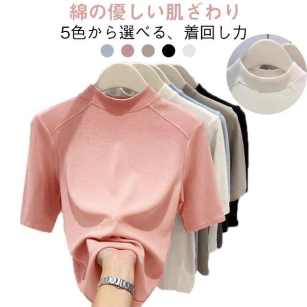 レディース 綿 Tシャツ プチハイネック 半袖tシャツ コットン カットソー  夏用 トップス スリ...