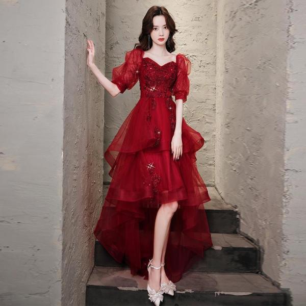 カラードレス カクテルドレス ロングドレス 前短後長 フィッシュテールドレス パーティードレス 発表...