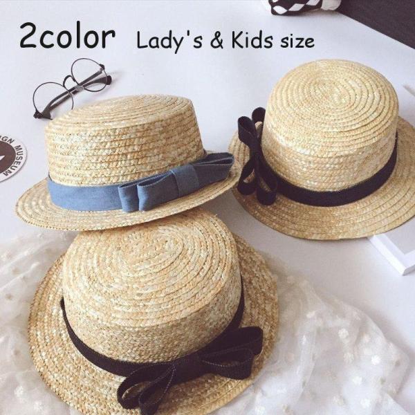 帽子 ハット カンカン帽 キッズ帽子 麦わら帽子 リボン ペーパー キッズ 子供 レディース 親子 ...
