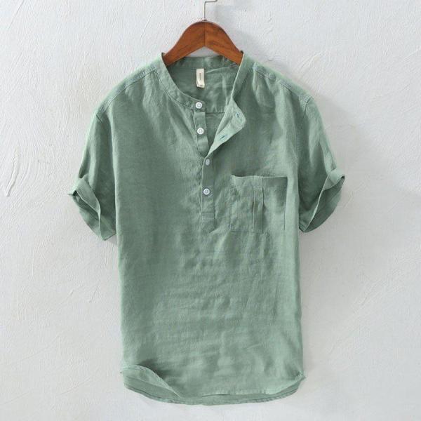Tシャツ メンズ 半袖 麻100％ リネンTシャツ 無地 半袖Tシャツ スタンドカラー ハーフボタン...