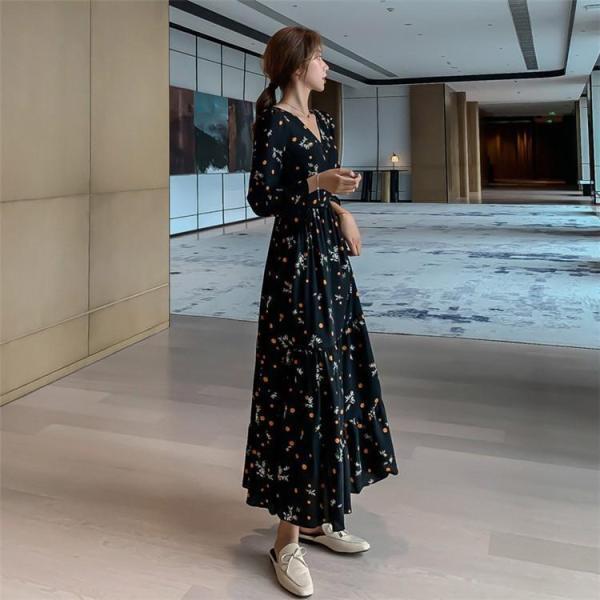 ワンピースドレス レディース 春秋 マキシ丈花柄 シフォン 長袖 ドット柄 ロング丈ワンピース きれ...