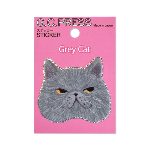 G.C.PRESS　ステッカー　猫顔　グレー　523-10｜猫 キャット 動物 シール フレークステ...