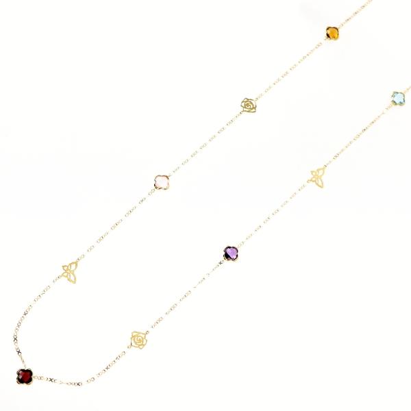 カラーストーン ステーションネックレス 18金 K18YG 鑑別書付き 80cm バタフライ フラワ...