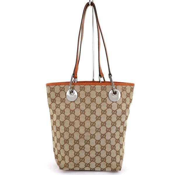 グッチ トートバッグ バケツ形 GGキャンバス レザー ベージュ×オレンジ 120840 カバン ア...