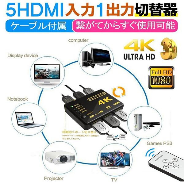 HDMI 切替器 分配器 5入力1出力 4K セレクター 1080p 3DフルHD対応 自動手 動切...