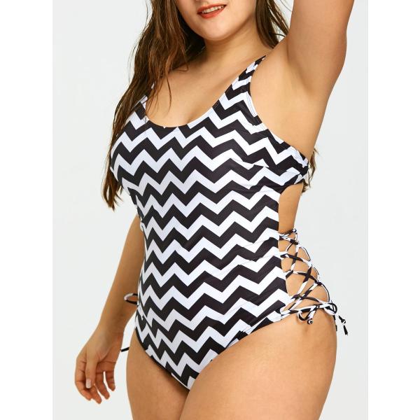 ワンピース水着 レディース 大きいサイズ Belleziva 背中の開いたプラスサイズ ジグザグプリ...