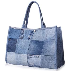 [NOBLE RILEY] デニムバッグ トートバッグ 肩掛け 大容量 丈夫 パッチワーク bag かばん 鞄 レディース カジュアル (ライトブルー