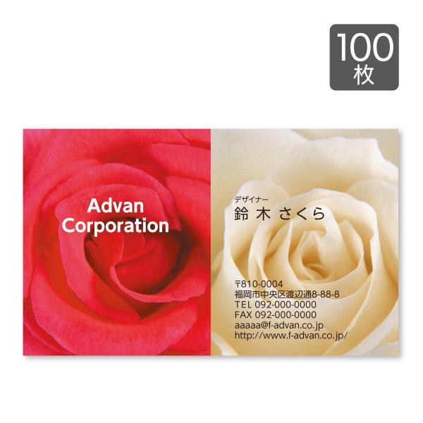 名刺 印刷 作成 ショップカード カラー100枚 テンプレートで簡単作成 バラ 赤白 写真 個性的 ...