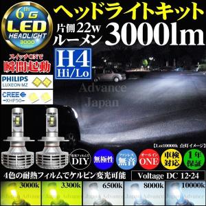 H4 Hi/Lo 切り替え 22w 3000LM LEDヘッドライトキット PHILIPS CREE LED フィルム 3000k 3300k 6500k 8000k 10000k リレーレス ファンレス 無極性 無音ホワイト｜advance-japan