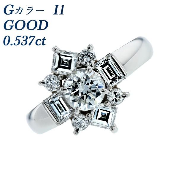 ダイヤモンド リング 0.537ct I1 G GOOD 脇石 0.96ct(Total) プラチナ...
