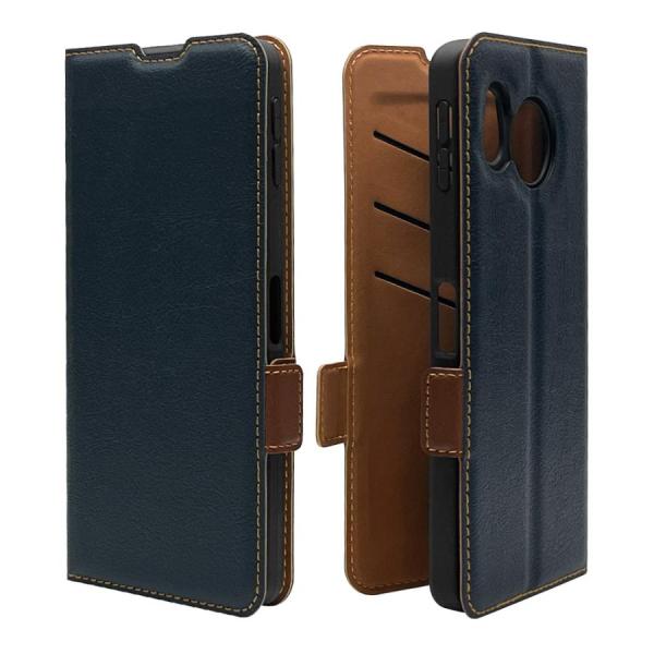 AQUOS sense8 用 薄型手帳ケース サイドマグネット ネイビー×ブラウン