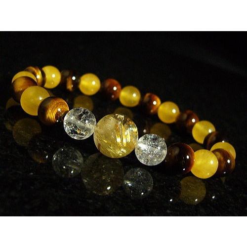 ルチルクォーツ×クラック水晶×タイガーアイ×アラゴナイト/デザインブレスレット/天然石パワーストーン...