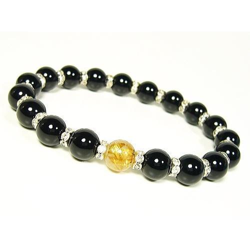 ルチルクォーツ×オニキス・ロンデル装飾/デザインブレスレット/8mm/天然石パワーストーン/1点もの