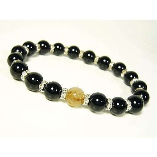 ルチルクォーツ×オニキス・ロンデル装飾/デザインブレスレット/8mm/天然石パワーストーン/1点もの