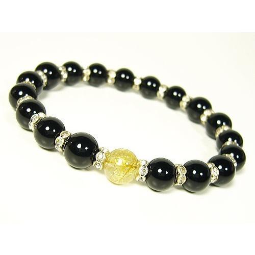 ルチルクォーツ×オニキス・ロンデル装飾/デザインブレスレット/8mm/天然石パワーストーン/1点もの