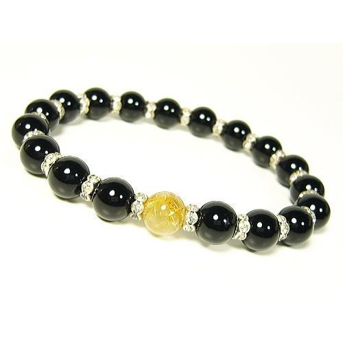 ルチルクォーツ×オニキス・ロンデル装飾/デザインブレスレット/8mm/天然石パワーストーン/1点もの