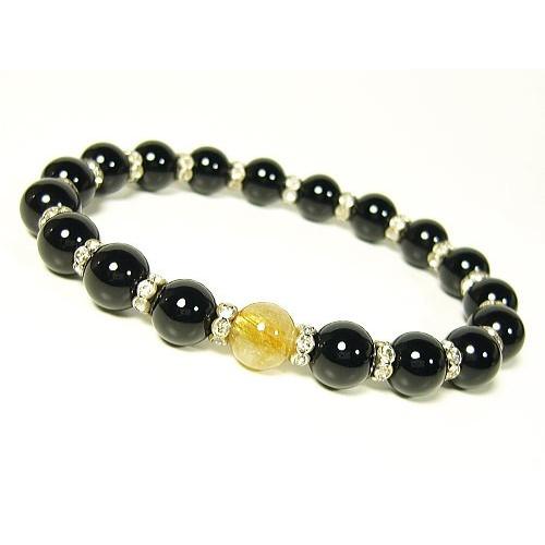 ルチルクォーツ×オニキス・ロンデル装飾/デザインブレスレット/8mm/天然石パワーストーン/1点もの