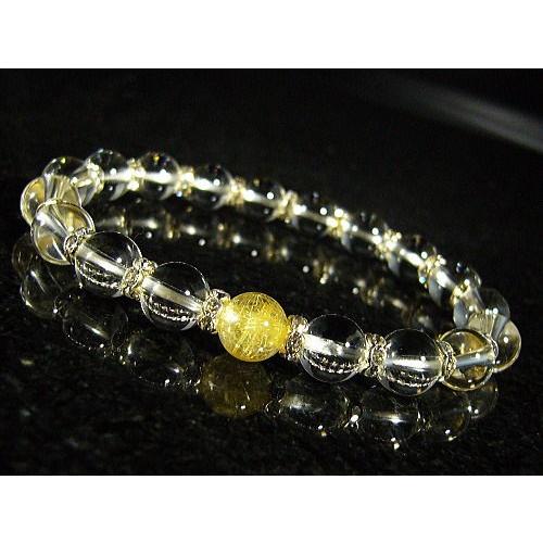 ルチルクォーツ×水晶・ロンデル装飾/デザインブレスレット/8mm/天然石パワーストーン/1点もの