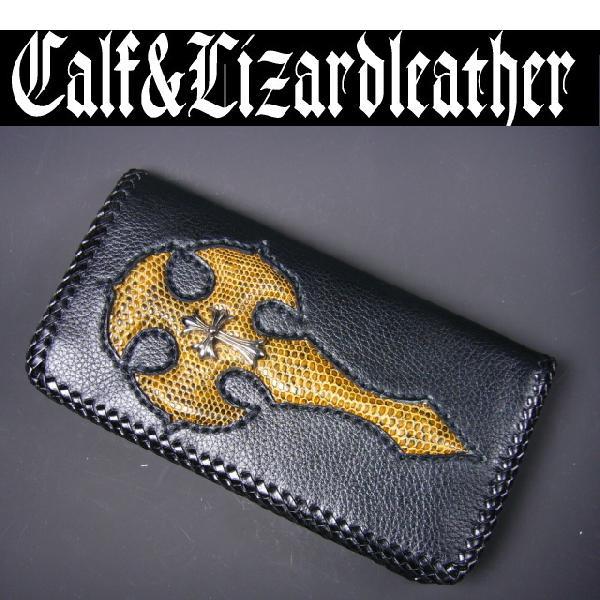 ≪カーフレザー(牛革)&amp;高価リザード(トカゲ革)≫ダブルクロスコンビネーション=長財布= 爆買WEE...