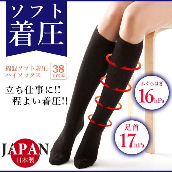 ★完売御礼★日本製 綿混 むくみ 着圧 ハイソックス 靴下 ソックス レディースシンプル 定番  ハ...