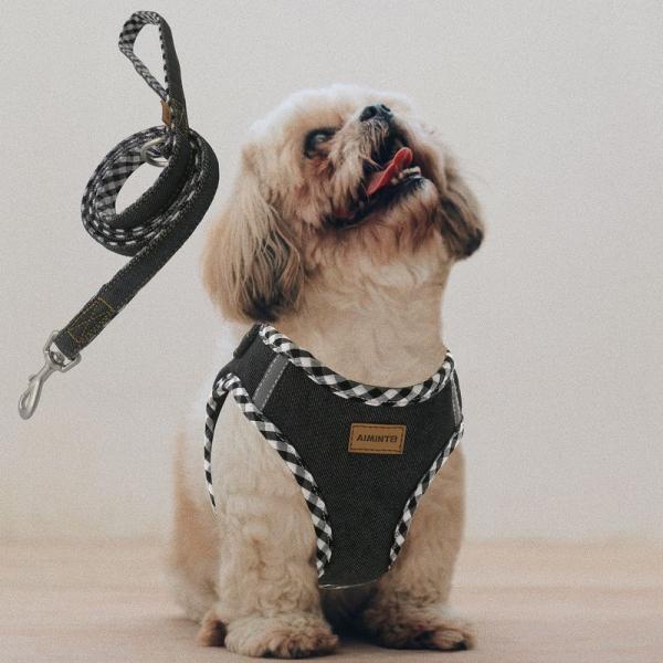 Aiminto デニム犬用ハーネス＆リードセット、通気性の高いメッシュ素材、軽量、ハーネス胸元に反射...