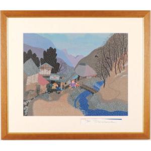 原田泰治 絵画 はつ雪 風景画 絵 インテリア 版画 オフセット 額付き