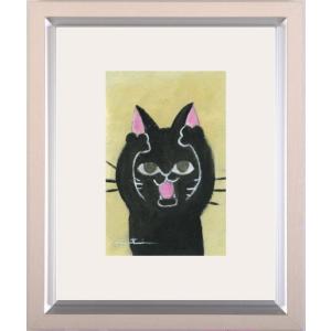 猫 絵画 黒猫 三日月 アクリルガッシュ 香月和夫 「月猫」 額付き
