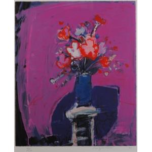花 絵画 リトグラフ 版画 吉岡耕二 「黄色い背景のブーケ」 額付き