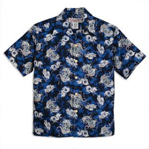 レア和柄鶴 マカナレイMAKANALEI シルク絹半袖アロハシャツ折柄濃紺 MAKANA LEI（マカナレイ） アロハシャツ 鶴柄 Tsuru メンズ レディース